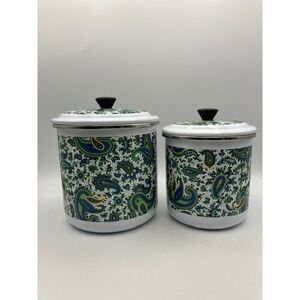 Enamelware Kitchen Canister Set,‎ Paisley, White/Green, 2 Piece 5.75"H & 5"H